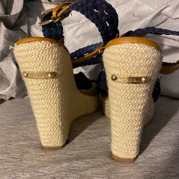 Lilly Pulitzer crocheted wrap heels wedges sandals navy 8.5 - Picture 6 of 6